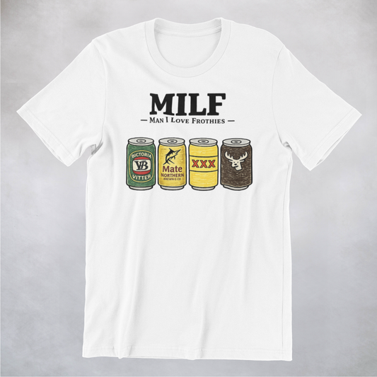 White t-shirt with graphic design of beer cans and text on a gray background